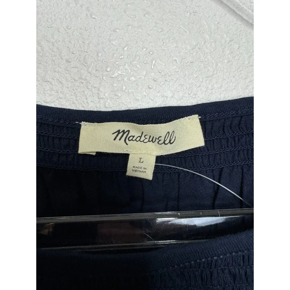 Madewell Large Smocked Boatneck Top Midnight Navy Cotton Puff Sleeves Ruffle NWT